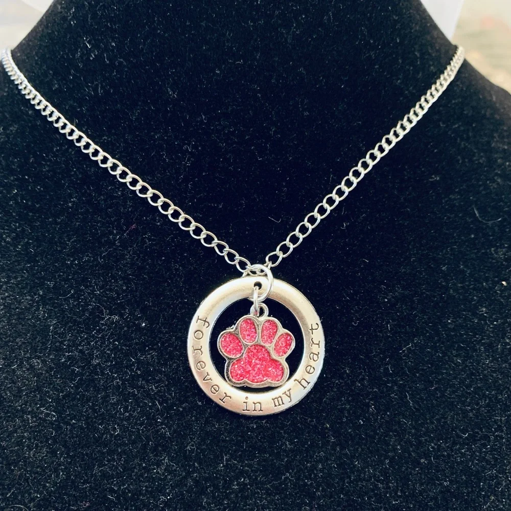 Pet Memorial “Forever in my heart” necklace with crystal paw print charm